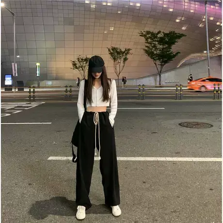 2019新款吊裆抽绳BF运动长裤垂坠感宽松休闲裤垮裤哈伦裤ins女秋商品大图