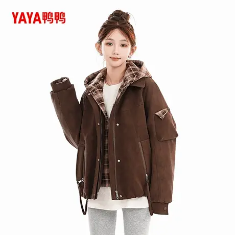 鸭鸭假两件羽绒服女士冬季新品时尚百搭连帽宽松保暖外套商品大图