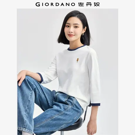 佐丹奴T恤女新款纯棉套头衫猫咪刺绣撞色圆领七分袖上衣05324798商品大图