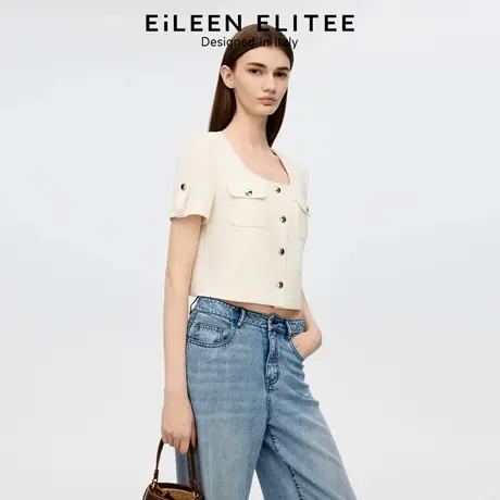 朗姿欧洲EiLEEN ELITEE2025年秋新款三醋酸U型领短袖白色短外套女图片