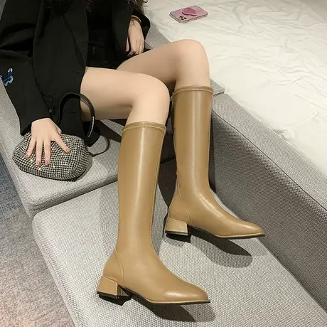 高筒骑士靴白色大码长筒靴子小个子增高女不过膝舒适加棉粗跟皮靴图片