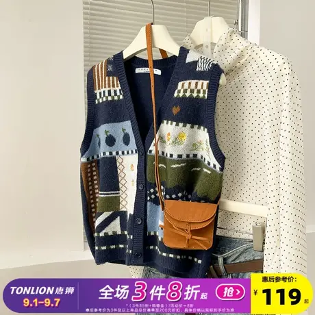 唐狮2025秋季毛衣女趣味图案V领开衫马甲外穿可爱高级感百搭上衣商品大图