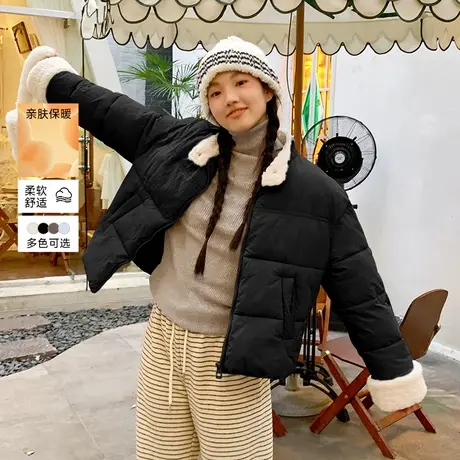 KHV真维斯黑色棉袄外套女冬2025新款宽松加厚保暖短款面包服棉服图片