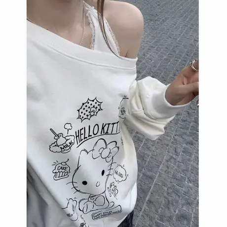 韩系卡通kt猫印花斜领卫衣女秋季设计感白色露肩甜辣妹宽松上衣潮商品大图