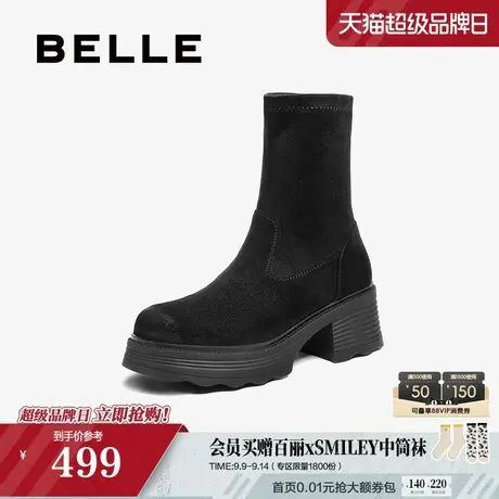 【胡可推荐】百丽女靴复古弹力靴女2025冬季新款粗高跟显瘦瘦短靴商品大图