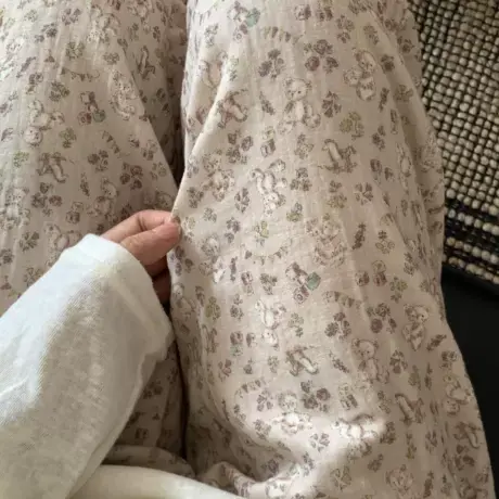上新！a类精梳棉棉纱花边睡裤复古甜美碎花睡裤女长裤可外穿商品大图