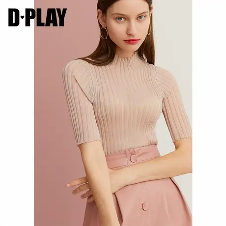 DPLAY德帕拉年早春品欧美橘粉色中袖修身坑条针织打底衫女商品大图