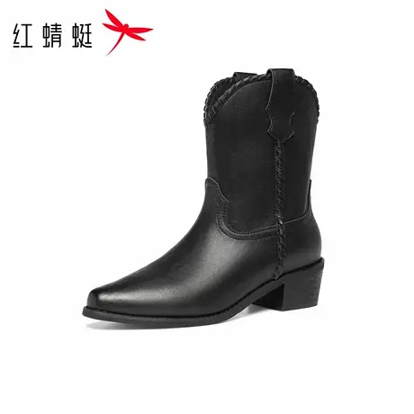 红蜻蜓西部牛仔靴女款秋冬新款时尚尖头粗跟短靴舒适休闲百搭女靴图片