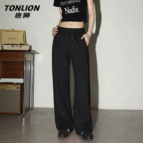 唐狮官方高腰卫裤女2026新款春季显瘦拼接运动裤宽松慵懒阔腿裤VC图片