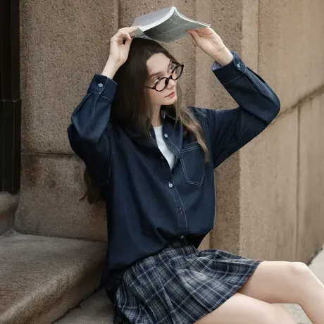 唐狮衬衣女春秋长袖港风复古女士休闲明线设计牛仔长袖衬衫TUTA图片