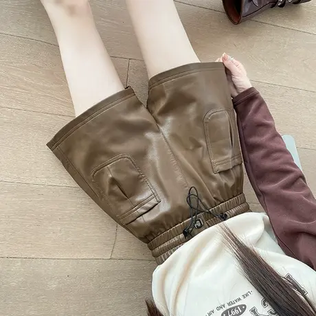 咖色PU皮阔腿裤女秋冬新款小个子短款松紧腰抽绳显瘦休闲靴裤外穿商品大图