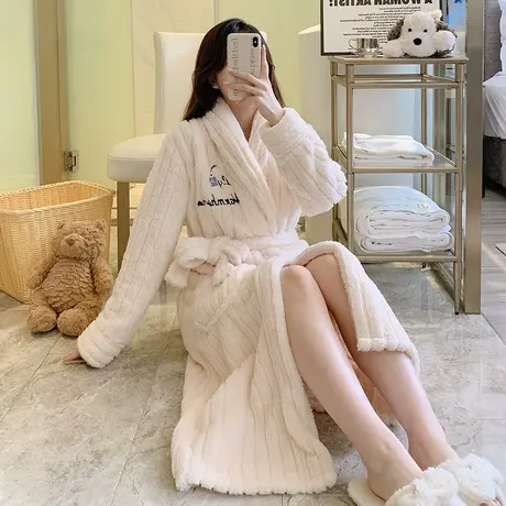 睡袍女长款2023新款珊瑚绒加绒加厚冬季女士睡衣秋冬款法兰绒冬天图片