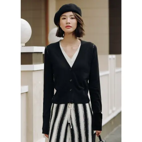 弥古黑色春季开衫外套女2023新款早春v领修身假两件针织上衣显瘦商品大图