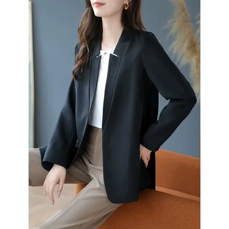 宝诗黎V领中长西装外套女2023年春秋季新款休闲西服宽松气质上衣图片