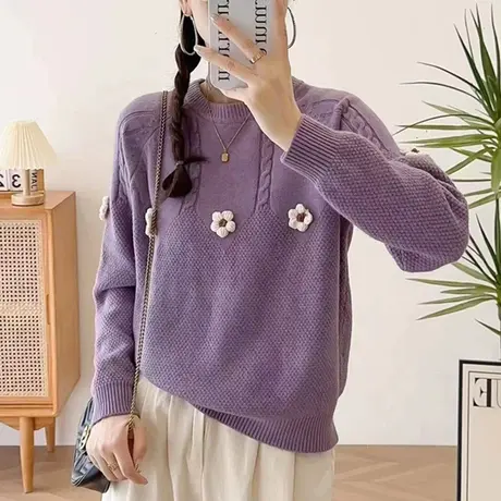 新款女装毛衣2023秋冬圆领小花可爱减龄针织打底衫上衣洋气小清新商品大图