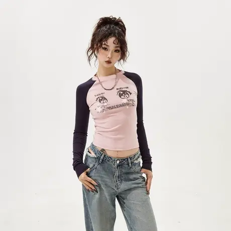 YEP美式辣妹风紧身短款长袖t恤女2023年新款秋冬插肩袖内搭打底衫商品大图