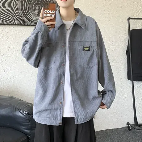 春秋季港风宽松衬衣外套加肥加大灯芯绒衬衫男士长袖潮牌休闲上衣商品大图