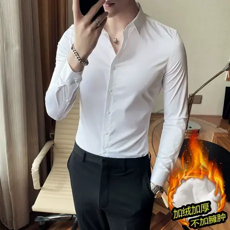 冬季加绒加厚保暖衬衫男长袖气质英伦风简约百搭微弹打底修身寸衣商品大图