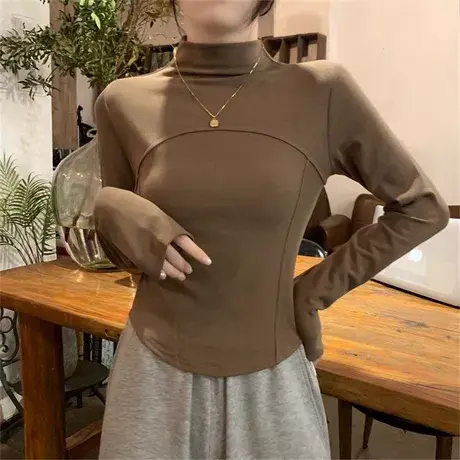 鱼骨线修身磨毛黑色打底衫内搭长袖T恤女春秋韩版小高领弧形上衣图片