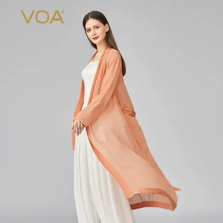 VOA100%真丝乔其围巾领长袖系带轻薄微透中长款开衫桑蚕丝外套商品大图