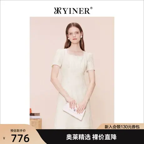 YINER音儿女装2023夏季新款时尚复古法式方领连衣裙图片
