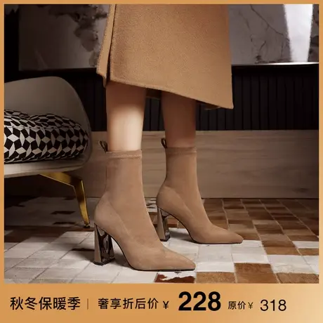 熙漫2023秋冬新款尖头简约显瘦短筒靴粗跟小个子舒适加绒法式女靴图片