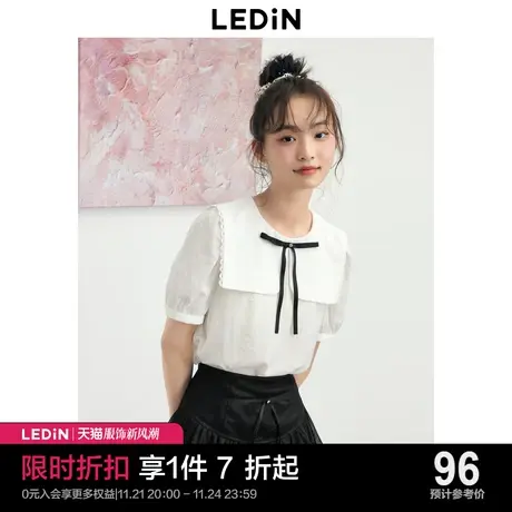 乐町海军风大翻领白色短袖衬衫女2023年夏季新款娃娃领合体上衣图片