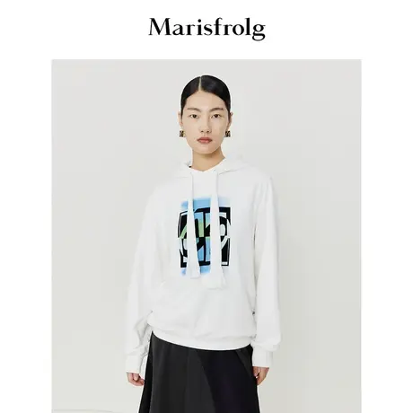 【商场同款】玛丝菲尔春季新款白色时尚印花连帽休闲宽松卫衣女商品大图