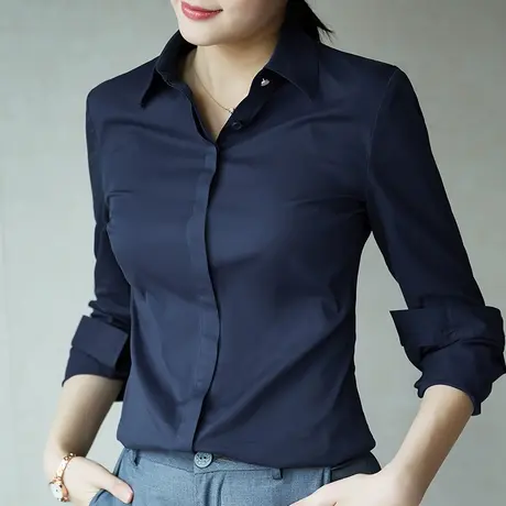 秋装新款职业免烫黑色衬衫女面试正装别致显瘦高级感蓝色打底衬衣商品大图