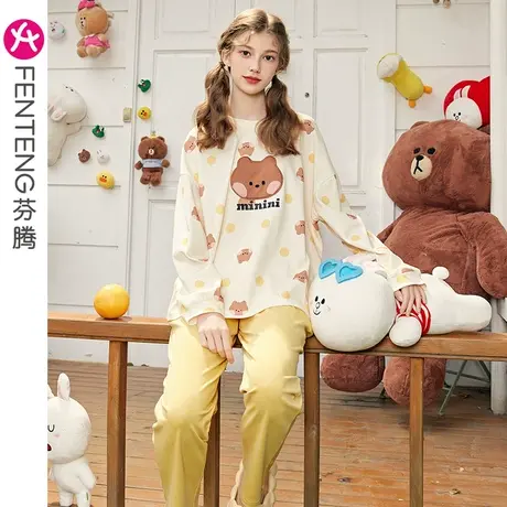芬腾布朗熊睡衣女春秋季纯棉长袖圆领卡通韩版少女全棉家居服套装商品大图