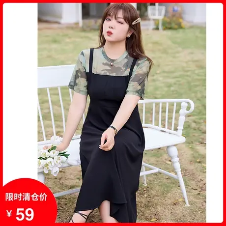 【清仓】假两件赫本风连衣裙2023年夏装新款显瘦大码胖MM复古长裙商品大图