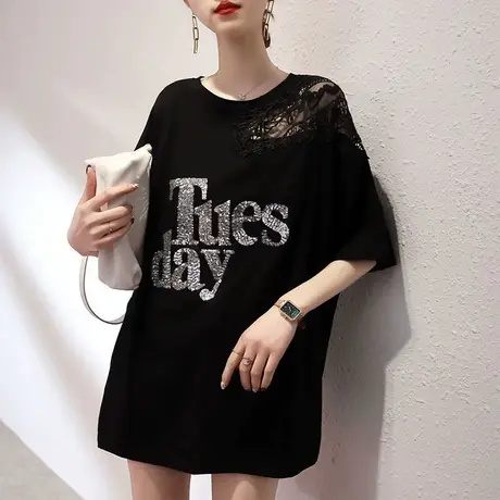 洋气ins夏装宽松大码女装胖mm蕾丝遮肚短袖T恤女黑色上衣200斤潮图片