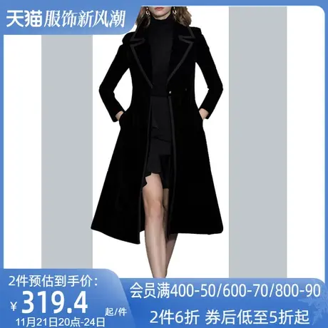 欧洲站气质黑色丝绒风衣女中长款2020秋冬新款女装欧货潮外套大衣商品大图
