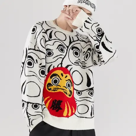 情侣毛衣男女2023秋季潮流撞色针织衫学生休闲圆领套头国潮毛衫潮图片