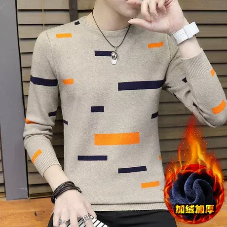 冬季青年套头毛衣男加绒圆领修身打底针织衫加厚保暖秋衣学生线衫商品大图