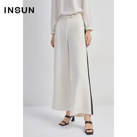 INSUN恩裳秋季仿醋酸条纹撞色直筒休闲裤商品大图