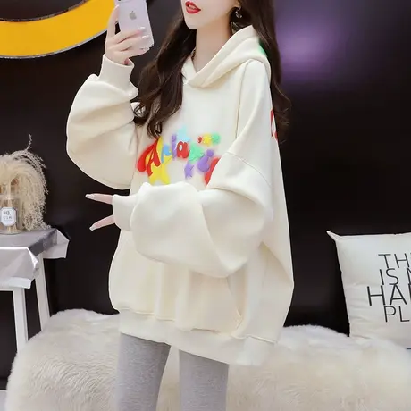韩版宽松慵懒风加绒连帽卫衣女2024春季新款洋气减龄休闲百搭上衣商品大图