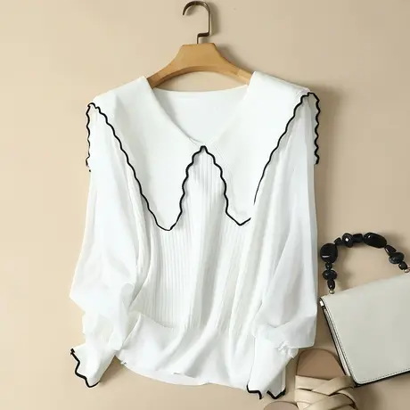 春装2024年新款雪纺袖冰丝针织衫女长袖宽松上衣洋气蕾丝打底衫女商品大图