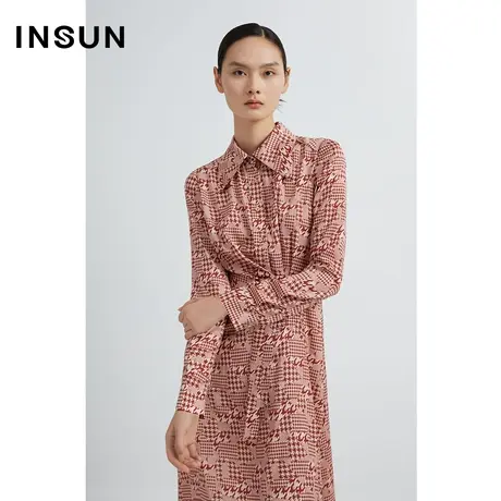INSUN恩裳线上专选秋季绒缎千鸟格POLO连衣裙图片