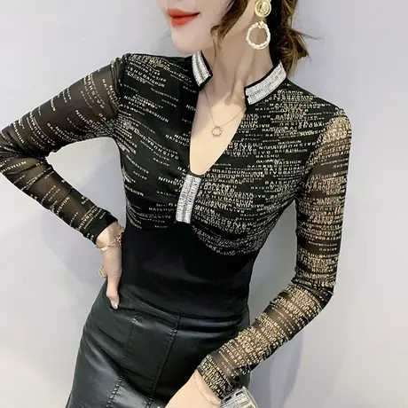 性感V领气质女装时尚烫钻T恤修身洋气上衣紧身内搭打底衫女长袖春商品大图