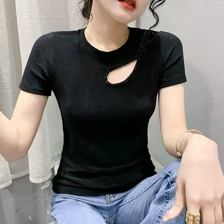欧货性感镂空短袖上衣女夏季设计感网红T恤纯色百搭显瘦小衫半袖图片