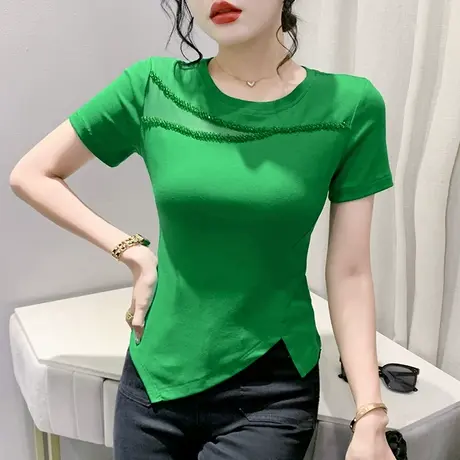 不规则镂空T恤女短袖性感网纱拼接小衫时尚开叉修身上衣钉珠半袖商品大图