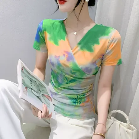 时尚拼色印花短袖T恤女2024夏装新款性感交叉V领小衫洋气网纱上衣商品大图