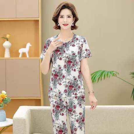 妈妈夏装薄款中老年人女装新款老太太奶奶冰丝套装两件装衣服短袖图片