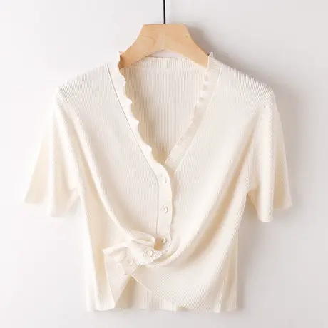 短款小外搭夏季冰丝坎肩吊带裙外披女士半袖针织衫开衫V领木耳边商品大图