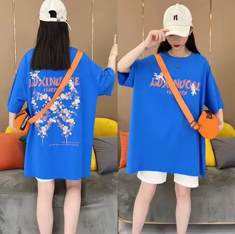 夏季潮牌美式蝴蝶花卉印花短袖中长款T恤女复古百搭宽松半袖体恤商品大图