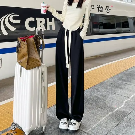 休闲阔腿裤子女春秋冬加绒加厚高腰宽松直筒显瘦黑色运动面条卫裤图片