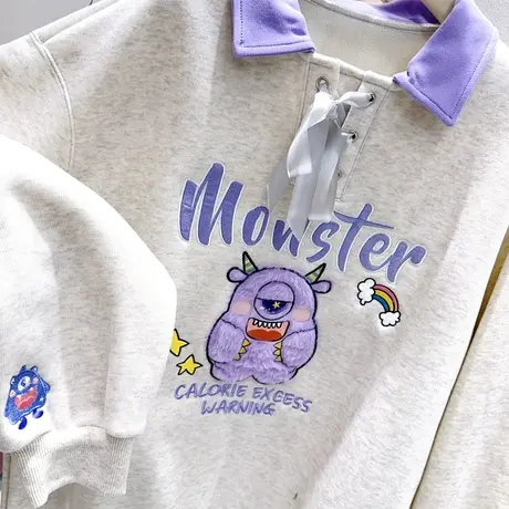 韩国东大门奶fufu的卫衣秋冬款奶甜软糯毛毛小怪兽加绒上衣学院风图片