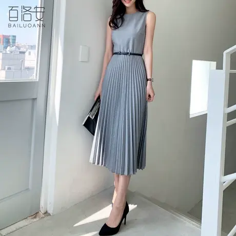 百洛安无袖百褶连衣裙2024夏新款时尚通勤高腰显瘦背心裙长裙子图片