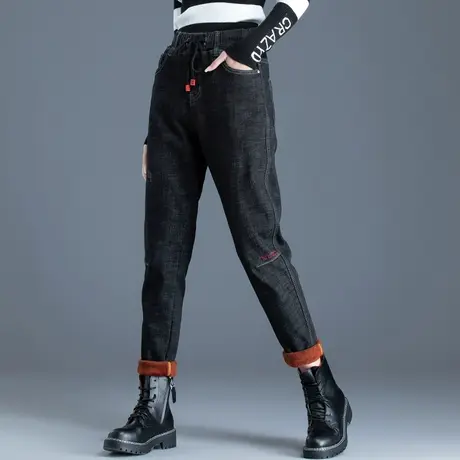 松紧腰加厚加绒牛仔裤女2023年新款秋冬休闲哈伦裤老爹裤黑色裤子图片